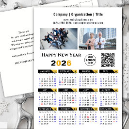Cartão Postal De Festividades Calendário 2026 Logotipo preto Dourado moderno QR