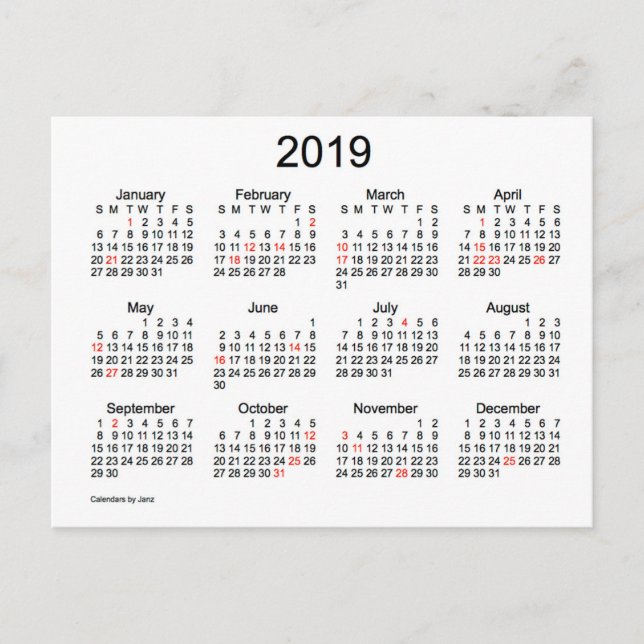 Cartão Postal De Festividades Calendário de 2019 com Feriados (Frente)