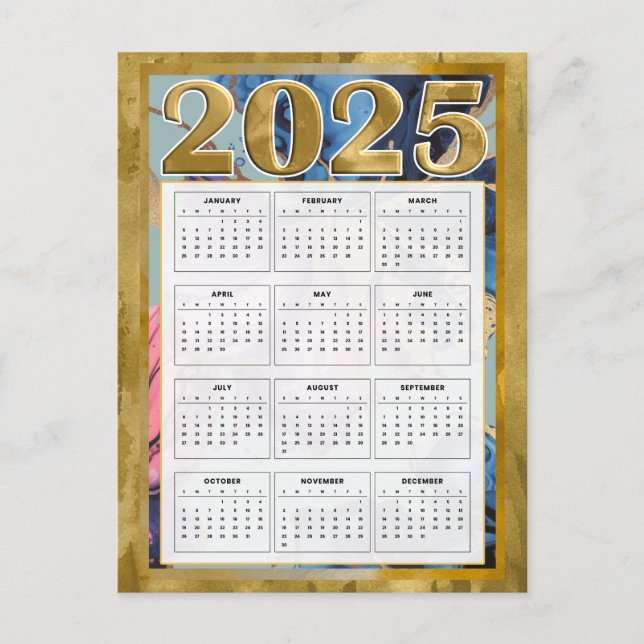 Cartão Postal De Festividades Calendário de 2025 em uma página Cartão de Ano Nov (Frente)