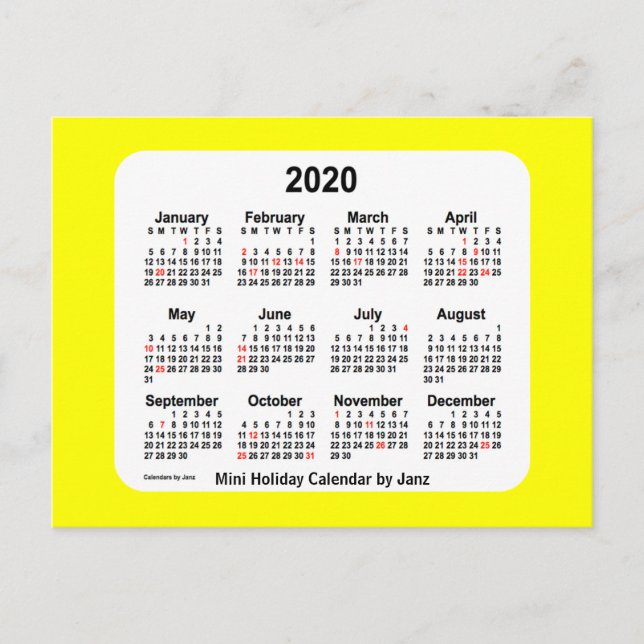 Cartão Postal De Festividades Calendário de Feriados Amarelos 2020 por Janz Post (Frente)