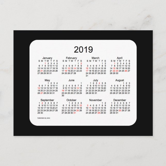 Cartão Postal De Festividades Calendário de Férias Mini Preto Janz 2019 (Frente)