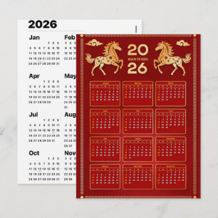 Cartão Postal De Festividades Calendário de Parede Chinês do Ano do Cavalo 2026