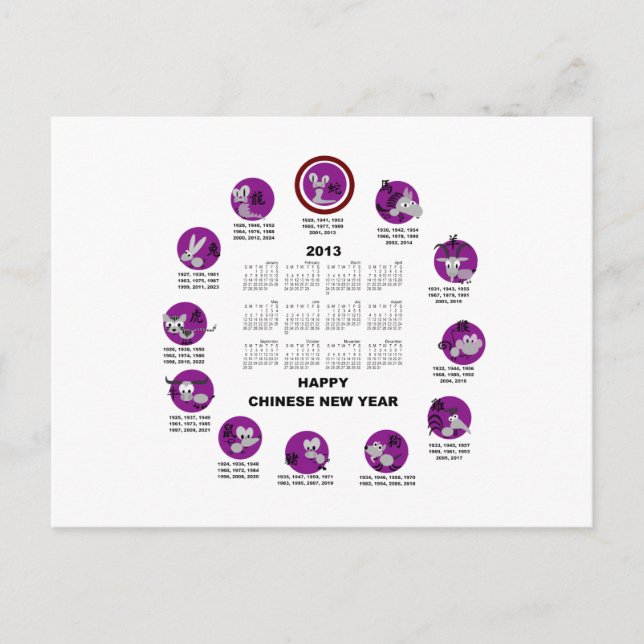 Cartão Postal De Festividades Calendário do Feliz ano novo Zodiac Chinês 2013 (Frente)