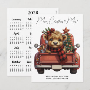 Cartão Postal De Festividades Calendário do Highland Cow 2027 Caminhão Vermelho