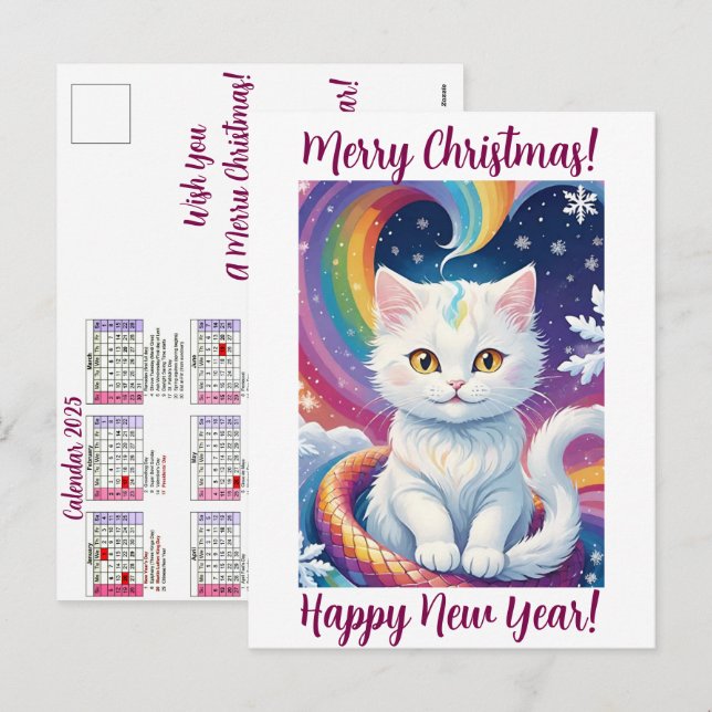 Cartão Postal De Festividades Calendário Gato de Natal Bonito 2025 Personalizado (Frente/Verso)