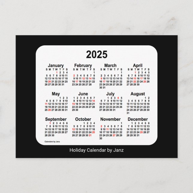 Cartão Postal De Festividades Calendário Mini Feriado Preto 2025 por Janz (Frente)