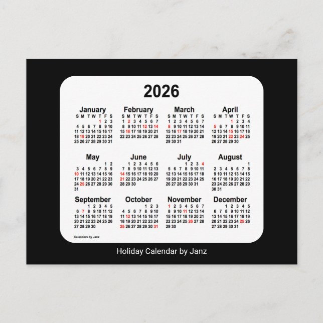 Cartão Postal De Festividades Calendário Mini Feriado Preto 2026 por Janz (Frente)