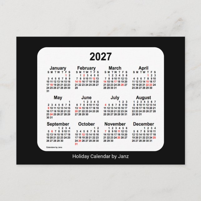 Cartão Postal De Festividades Calendário Mini Feriado Preto 2027 por Janz (Frente)