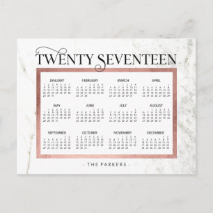 Cartão Postal De Festividades Calendário Modern Marble e Faux Rosa Dourado 2017