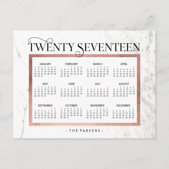 Cartão Postal De Festividades Calendário Modern Marble e Faux Rosa Dourado 2017 (Frente)