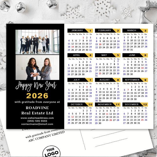 Cartão Postal De Festividades Calendário moderno 2026 Dourado Black Business 2 F (Criador carregado)