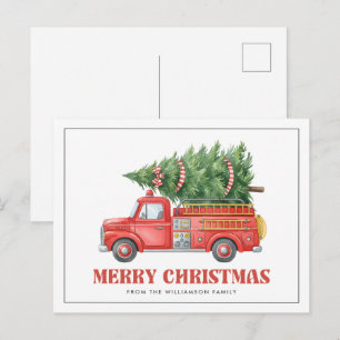 Cartão Postal De Festividades Caminhão de Bombeiros Natal em Aquarela