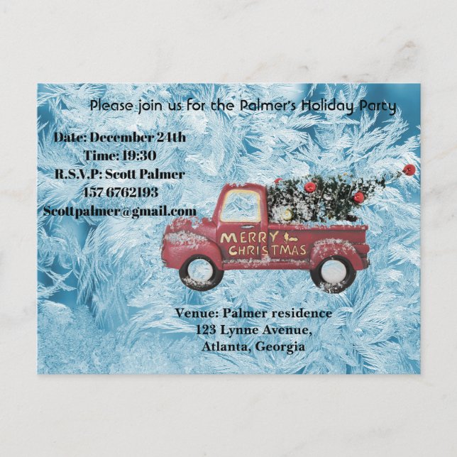 Cartão Postal De Festividades caminhão de colheita vermelho sobre fundo azul com (Frente)