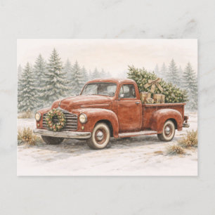 Cartão Postal De Festividades Caminhão de Natal Vintage Vermelho com Árvore em A