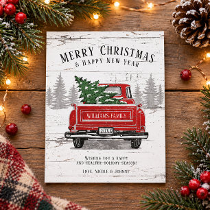 Cartão Postal De Festividades Caminhão Vermelho Antigo Feliz Natal Ano Novo Rúst