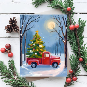 Cartão Postal De Festividades Caminhão Vermelho de Entrega de Árvore de Natal Aq