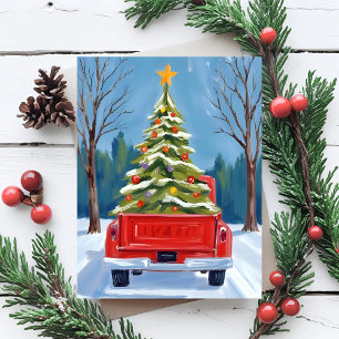 Cartão Postal De Festividades Caminhão Vermelho de Entrega de Árvore de Natal Aq