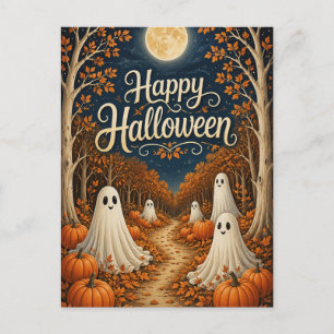 Cartão Postal De Festividades Caminho de Abóbora Iluminado pela Lua no Halloween