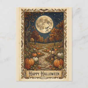 Cartão Postal De Festividades Caminho de Abóbora Iluminado pela Lua no Halloween