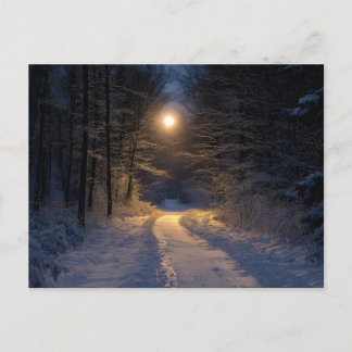 Cartão Postal De Festividades Caminho Florestal Nevado ao Luar Viagem Cênica de 