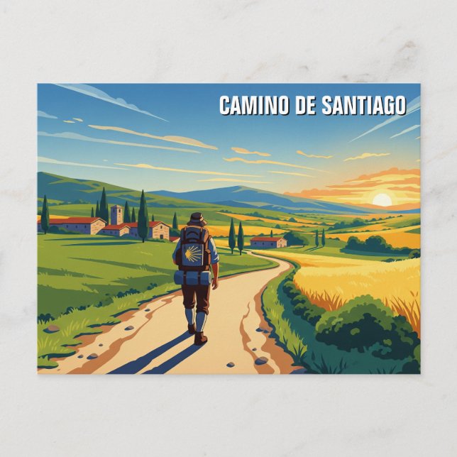 Cartão Postal De Festividades Camino de Santiago Hiker Sunset (Frente)