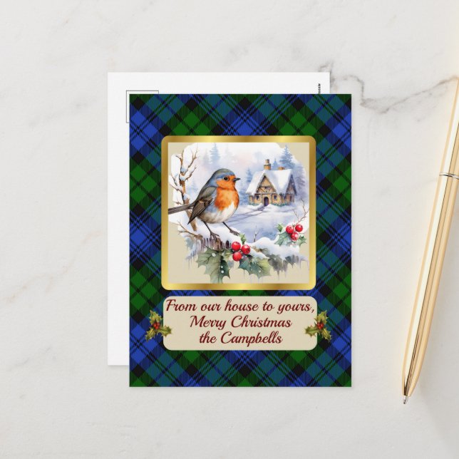 Cartão Postal De Festividades Campbell Crest & Tartan w/Robin (Frente/Verso In Situ)