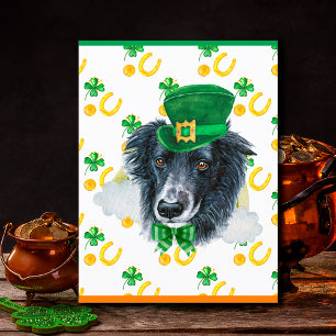 Cartão Postal De Festividades Cão Border Collie Trevo Dia de São Patrício