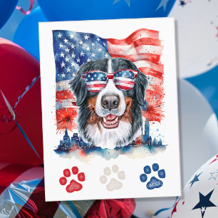 Cartão Postal De Festividades Cão de Montanha Bernês Vermelho Branco Azul 4 de J