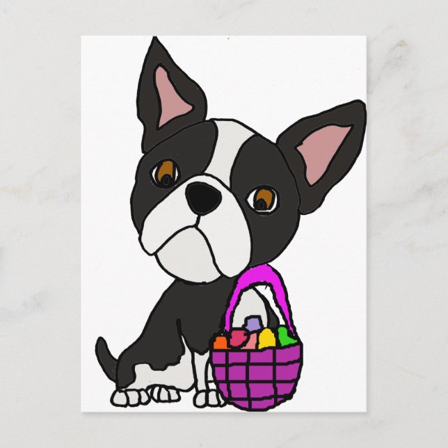 Cartão Postal De Festividades Cão engraçado de Boston Terrier com cesta da (Frente)