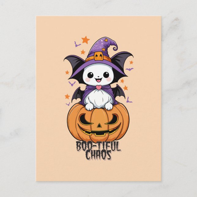 Cartão Postal De Festividades Caos Bonitos | Morcegos, Chapéus e Abóboras (Frente)