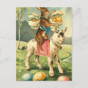 Cartão Postal De Festividades Capim de Páscoa, coelho e Pintinhos