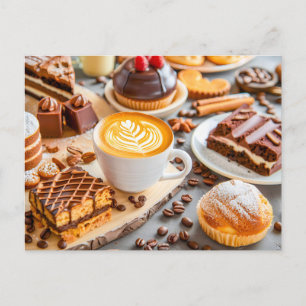 Cartão Postal De Festividades Cappucccino com pastos sortidos e chocolate