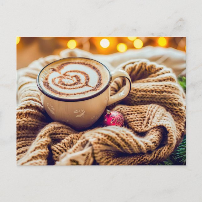 Cartão Postal De Festividades Cappuccino com Enfeites de natal no cobertor (Frente)
