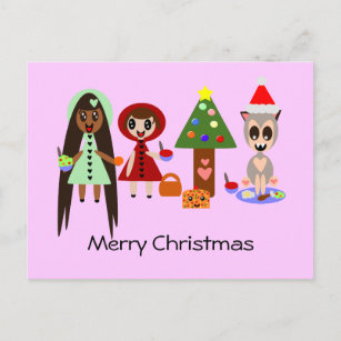 Cartão Postal De Festividades Capuchinho Vermelho, Rapunzel na Festa de Natal