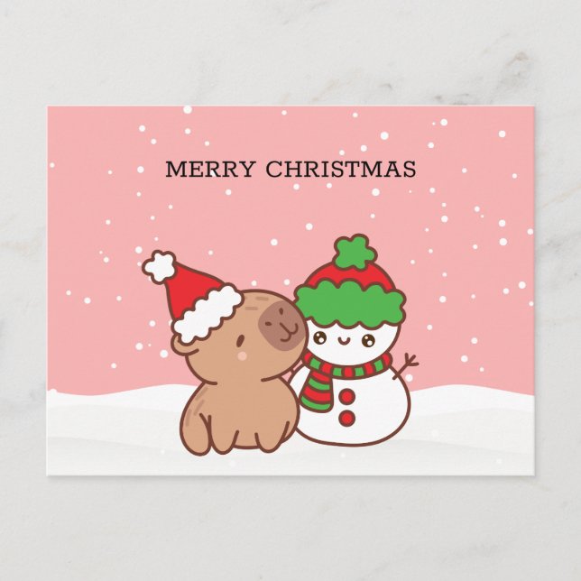 Cartão Postal De Festividades Capybara E Snowman Fora De Natal (Frente)