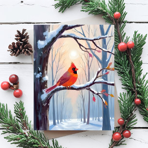 Cartão Postal De Festividades Cardinal Vermelho Aquarela de Natal Floresta de