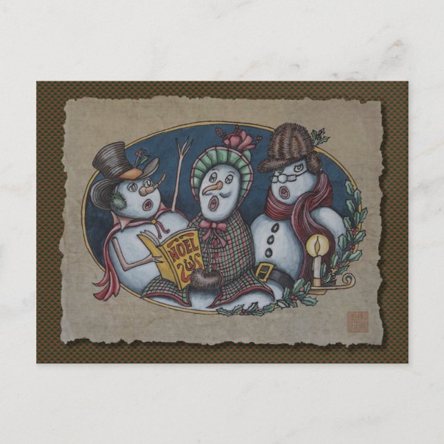 Cartão Postal De Festividades Carolers do Natal dos bonecos de neve (Frente)