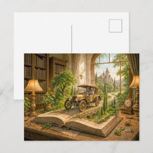 Cartão Postal De Festividades Carro antigo dirige-se da página de um livro de co