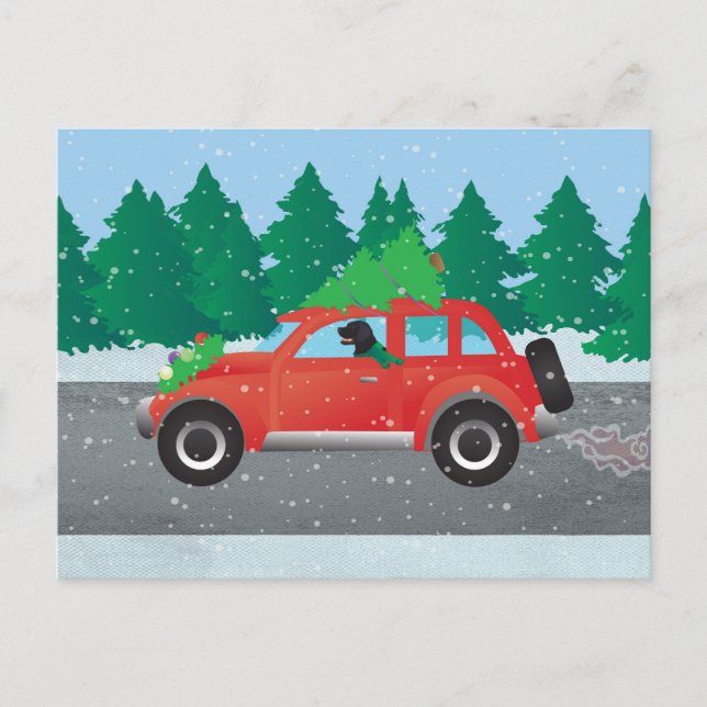 Cartão Postal De Festividades Carro de Natal para Retriever Preto, Revestido Pla (Frente)