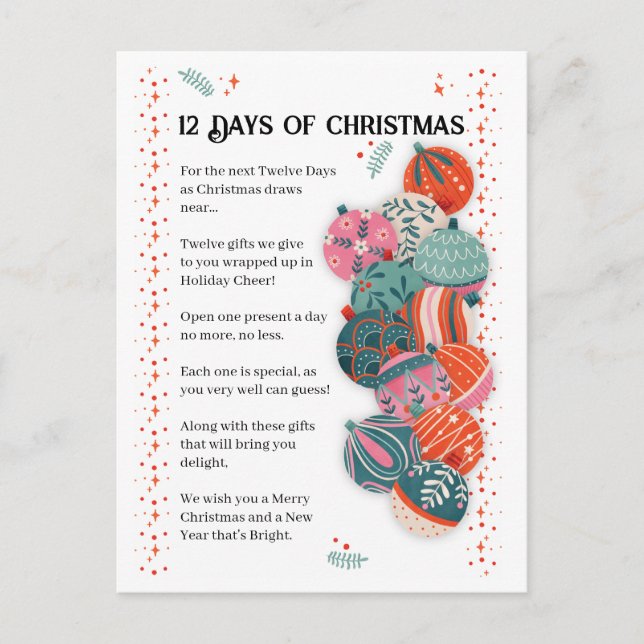 Cartão Postal De Festividades Carta dos Doze Dias de Natal (Frente)