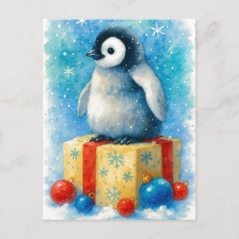 Cartão Postal De Festividades Carta Postal de Natal em Aquarela de Pinguim Bebê 