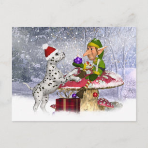 Cartão Postal De Festividades cartão de feriado com cachorrinho dálmata e elfo