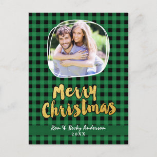 Cartão Postal De Festividades Cartão de Foto de Natal em Xadrez Verde Dourado