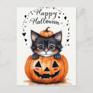 Cartão Postal De Festividades Cartão de Halloween de Gatinho Preto Fofo Feliz