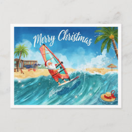 Cartão Postal De Festividades Cartão de Natal da Praia do Papai Noel de Windsurf