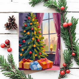 Cartão Postal De Festividades Cartão de Natal de árvore de Natal pintura de féri