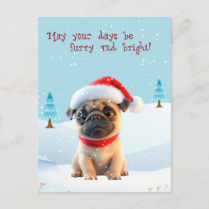 Cartão Postal De Festividades Cartão de Natal de Bonito Pug em Neve