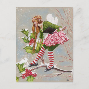 Cartão Postal De Festividades Cartão de Natal de fada de Holly berry