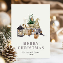 Cartão de Natal Rústico Hygge Gnome Aquarela