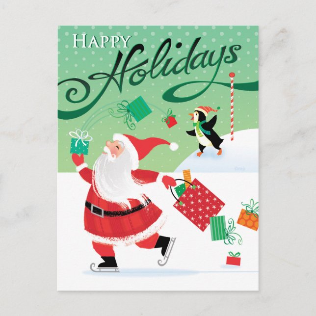 Cartão Postal De Festividades Cartão de patinagem bonito do papai noel boas (Frente)
